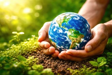 A person is holding a small globe in their hands, surrounded by dirt and plants