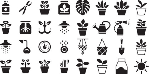 Indoor gardening and plant care icon set. Containing potted plants, watering cans, spray bottles, pruning shears, fertilizer, seedlings, and monstera leaves.