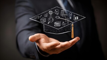 Businessman holding a graduation cap with floating educational icons. Concept: Global business education, study abroad, professional development, higher education, lifelong learning.
