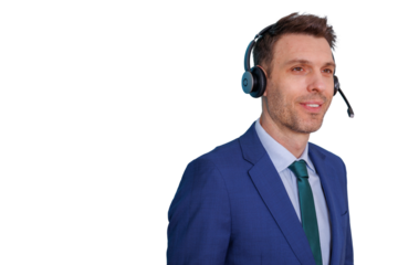 Customer service agent wearing a headset, providing support and communication, looking away, transparent background