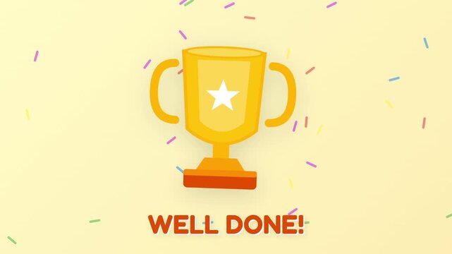 Gold Trophy Cup Well Done Text Animation, kid victory appreciation 