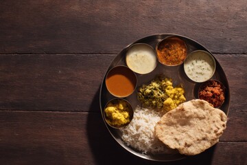 Colorful traditional Indian thali with rice, bread, various curries, and side dishes arranged on a metal platter served at a meal time