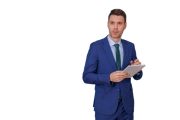 Businessman in blue suit holding digital tablet, presenting new ideas, managing business, using technology, remote working