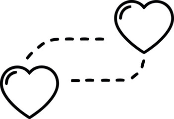 Two elegant black outline hearts gracefully connected by a minimalistic dashed line symbolizing enduring long distance love or a deep romantic relationship
