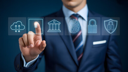 Secure cloud computing and digital identity verification concept with businessman touching interactive security and banking icons.
