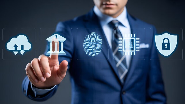 Businessman interacting with secure digital banking and cybersecurity icons, financial data protection and biometric verification concept. - Powered by Adobe