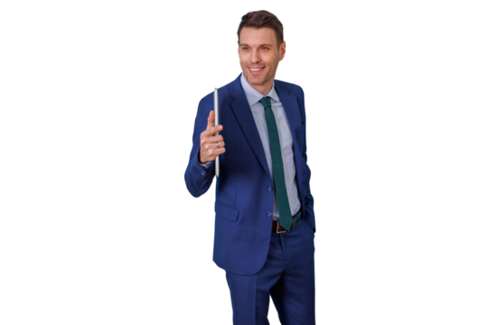 Businessman in blue suit holding tablet and pointing finger, smiling and showing confidence for business success - Powered by Adobe