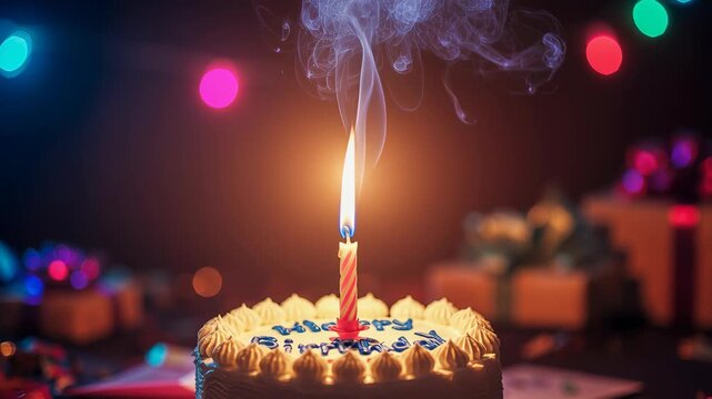 Birthday cake sits on a table with a single extinguished candle sending up a curl of smoke. Warm bokeh lights and wrapped gifts create a festive atmosphere. Close-up highlights frosting texture and ca