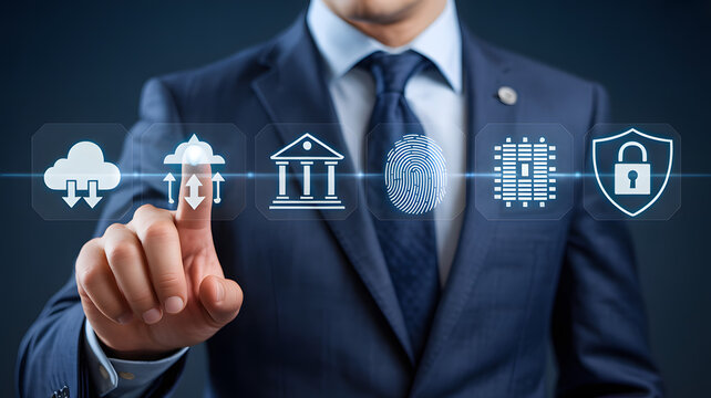 Businessman managing secure cloud data storage and biometric authentication through virtual interface icons for financial protection. - Powered by Adobe
