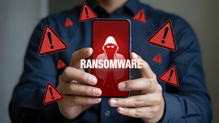 Mobile phone ransomware attack concept with hacker icon and red warning alerts representing a cybersecurity threat illustration.