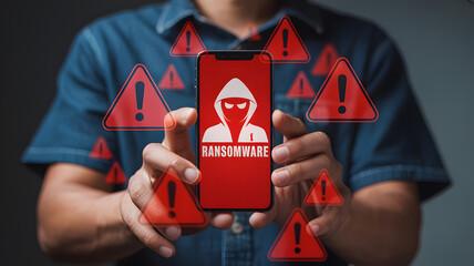 Smartphone ransomware attack alert with hacker icon and red warning symbols on screen, mobile cybersecurity and digital threat concept