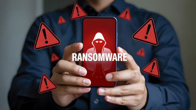Mobile phone ransomware attack concept with hacker icon and red warning alerts representing a cybersecurity threat illustration. - Powered by Adobe