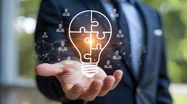 Business innovation and collaborative problem solving concept with person holding lightbulb made of puzzle pieces and team icons. - Powered by Adobe