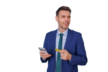 Businessman making online shopping payment using credit card and smartphone, smiling on transparent background