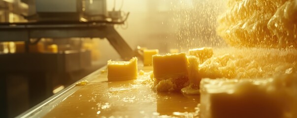 Forming butter blocks in a food processing line.
