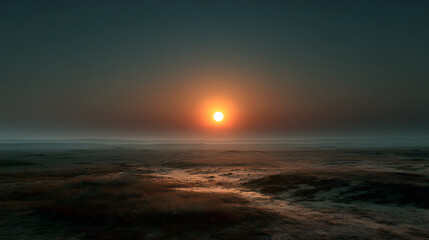 Obraz premium Sun hovering above horizon in uncluttered minimal landscape 