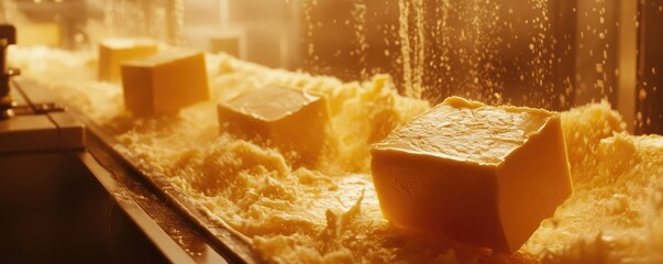 Forming butter blocks in a food processing line.