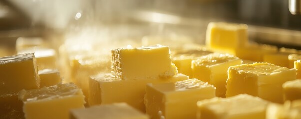 Forming butter blocks in a food processing line.