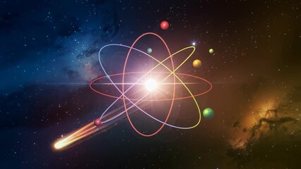Atomic model floats with glowing nucleus and multicolored electron paths in a starry cosmic background. The illustration combines scientific concept imagery and galactic elements to convey energy, mot