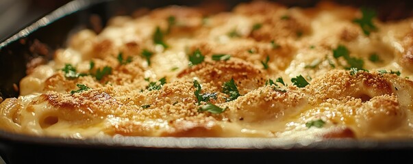 Baking creamy macaroni and cheese with breadcrumbs.