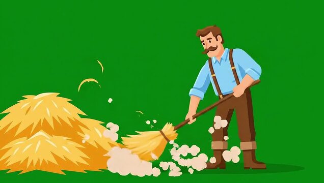 Village man cleaning barn area with broom  flat vector animation on green screen