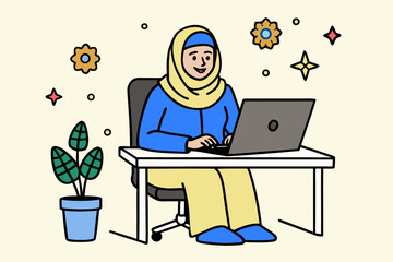 Muslim woman working at a laptop remote work	