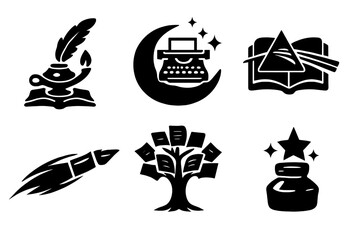 Creative Icon Fusion. Solid vector icons of writers and creatives: quill lamp, typewriter moon, notebook prism, pen comet,
