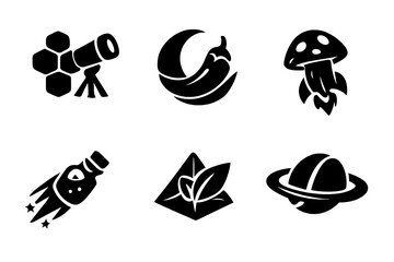 Culinary Space Icons. Solid vector icons of culinary and specialty food: honeycomb telescope, chili moon, mushroom rocket, spice