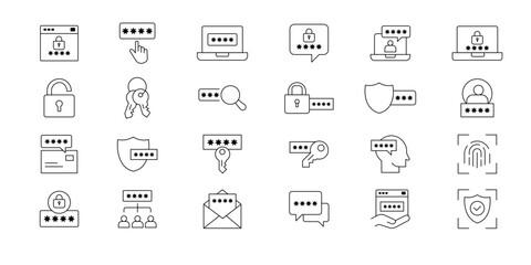 Digital security icons featuring password fields shields keys and network elements. Iconic cybersecurity representations of shield, lock, and password depicted using a minimalist line art