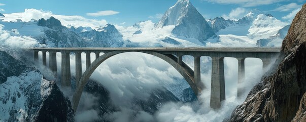 Showcase monumental mountain bridge and impressive engineering infrastructure.