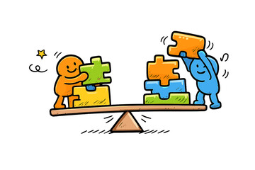 Fototapeta premium Teamwork Balancing Puzzle. Doodle-style vector icon of a financial balance puzzle, blocks being rearranged to improve stability,