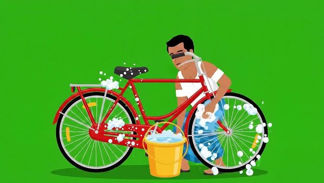 Village man washing bicycle with bucket and cloth vector animation on green screen