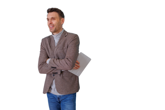 Confident man in blazer holding a tablet, smiling and looking away, presenting business ideas, transparent background - Powered by Adobe
