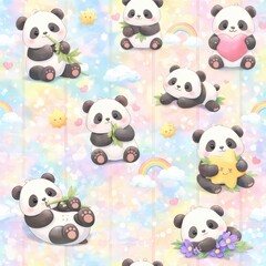 Cute Panda Seamless Pattern on Pastel Background