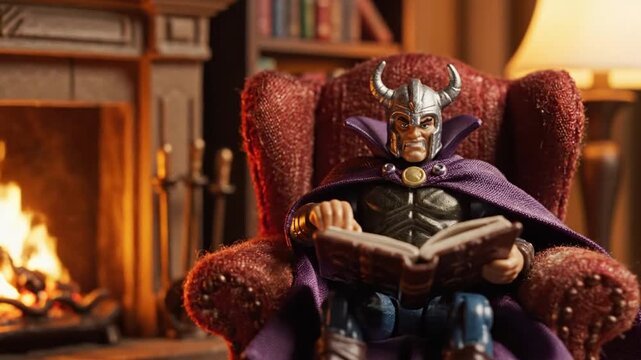 Figurine reading a book in a cozy setting near a fireplace with warm lighting and a bookshelf in the background