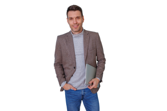 Smiling confident businessman standing, holding a laptop, wearing casual smart attire on transparent background - Powered by Adobe