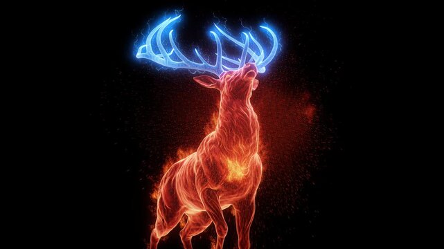 Stag glows with a fiery red body and electric blue antlers against a black backdrop. Neon flame-like lines trace the musculature and branching horns. Bold high-contrast mythical motif for design and v