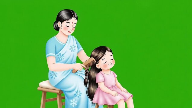 Village woman combing a child&rsquo;s hair vector on green screen animation
