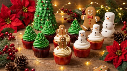 Christmas desserts featuring festive cupcakes, gingerbread men, and snowman treats arranged with holiday decorations, lights, and poinsettias.