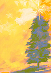 Christmas Tree w/Twinkling Shining Star of Bethlehem on Top- Digital Painting, Art, Illustration in Green, Purple, Yellow & Orange-Holiday, Celebration, Merry Christmas, Happy Holidays, Pine, Conifer,