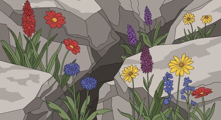 Vibrant wildflowers in various colors blooming from narrow cracks within grey rocks, illustrating nature's persistent beauty and growth.