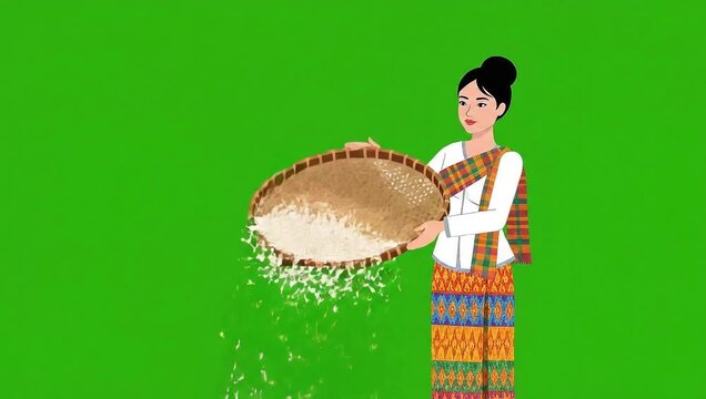 Woman cleaning rice using traditional winnowing tray vector animation on green screen