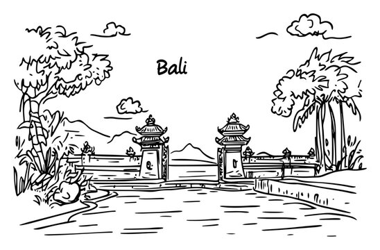 Bali Indonesia traditional gate vector sketch. Tropical island landscape with Candi Bentar temple entrance illustration.