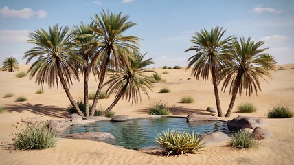 Obraz premium Tranquil Desert Oasis with Palm Trees and Natural Pool - Arid Landscape