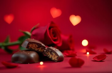 Chocolate candies with filling on a red background with roses
