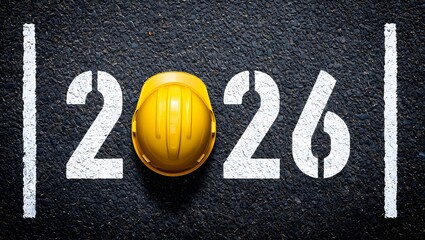 Creative 2026 New Year design template with yellow protective helmet and grey asphalt background. 3D render illustration on an engineering, logistics or road construction theme.