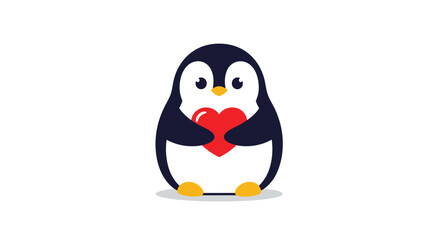 Obraz premium Adorable penguin character illustration holding a vibrant red heart in its wings on a plain white background for valentine day.