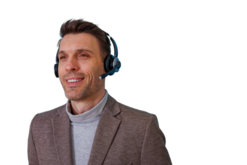 Male call center agent smiling while working, wearing a headset, providing customer support, transparent background