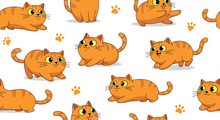 Fototapeta premium Colorful seamless pattern featuring multiple cute orange tabby cats in various playful poses over a clean white background.