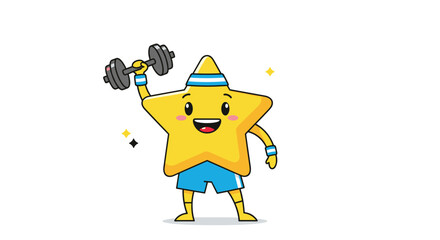 Obraz premium Athletic yellow star character wearing a headband and shorts while lifting a heavy dumbbell for a fitness workout theme.